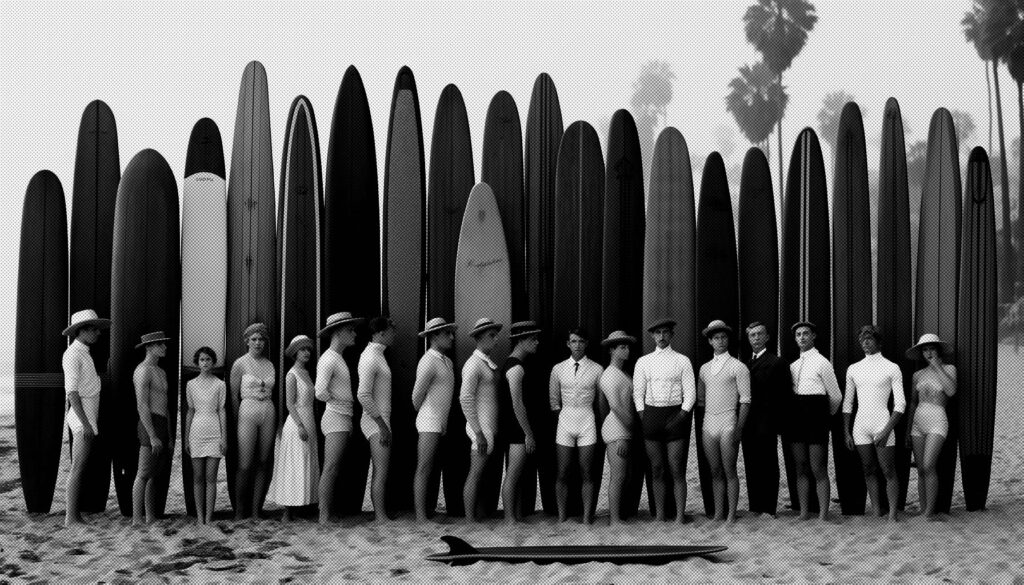 DALL·E 2024 04 08 15.34.04 A historical scene at a sandy beach where a group of people resembling vintage beachgoers stand next to a lineup of traditional longboard surfboards