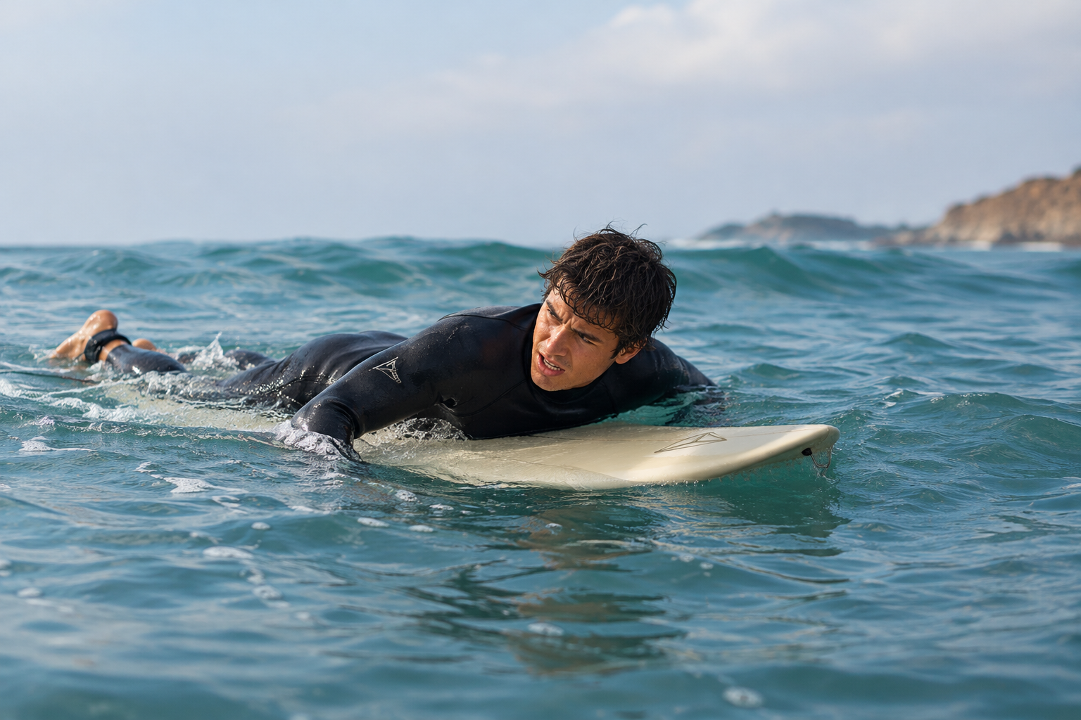 Pourquoi je n’arrive pas à prendre des vagues en surf ? 7 erreurs à corriger 1 Surfeur concentre sur une mer agitee