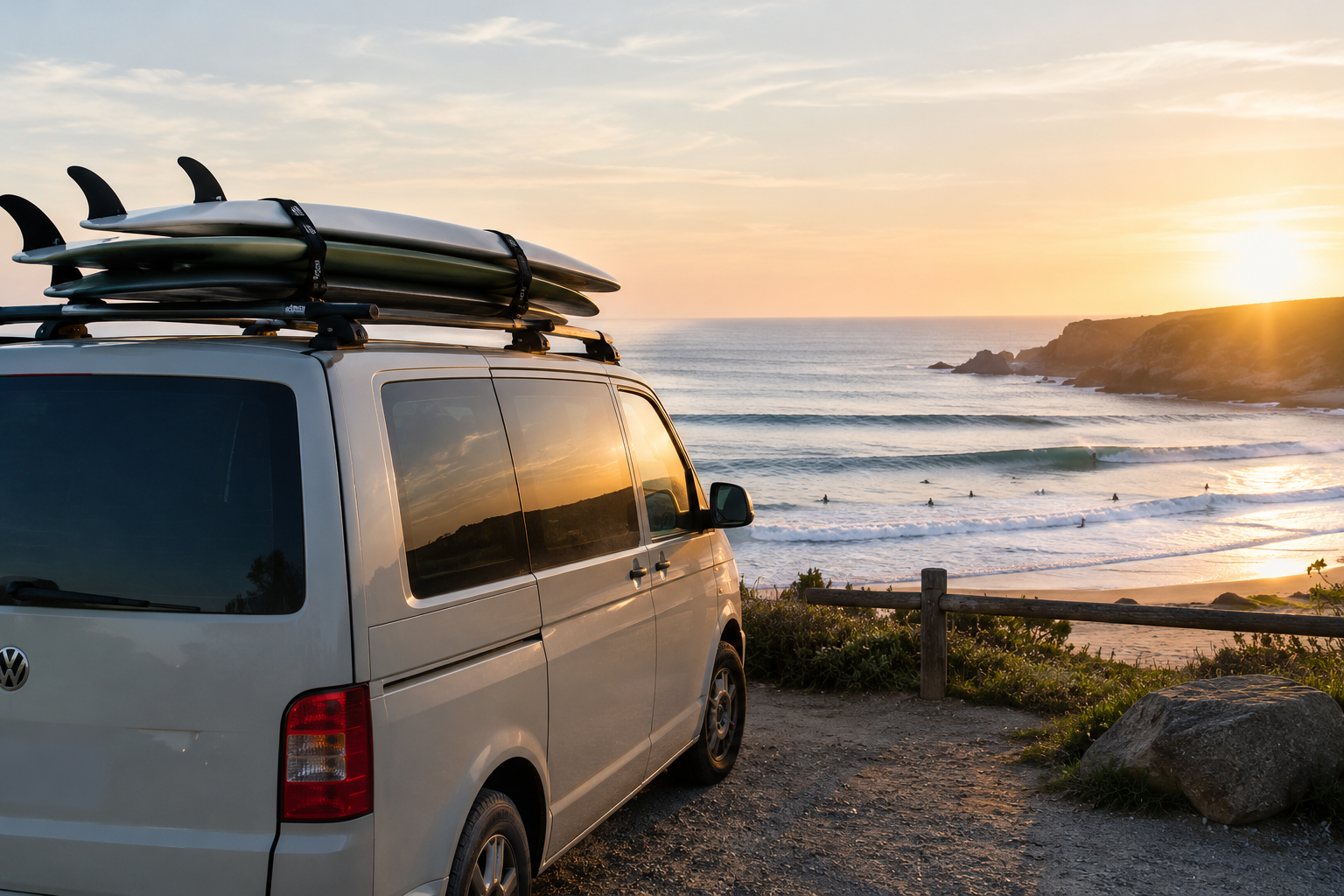 Surf van et camping : transporter et protéger ses planches 2 Van de surf au coucher du soleil